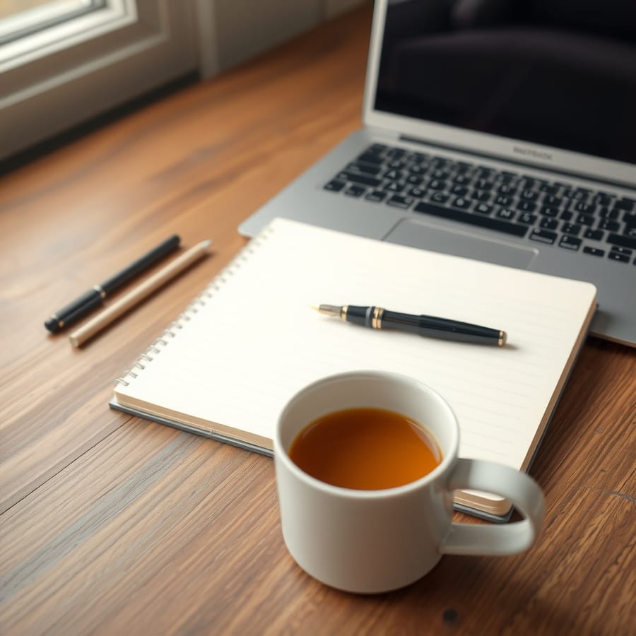A closed laptop, a fountain pen and a blank notebook on a wooden desk