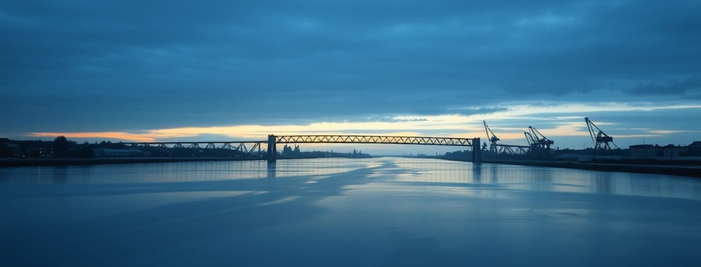 A river estuary in the North East at dusk with a steel bridge and cranes on the horizon
