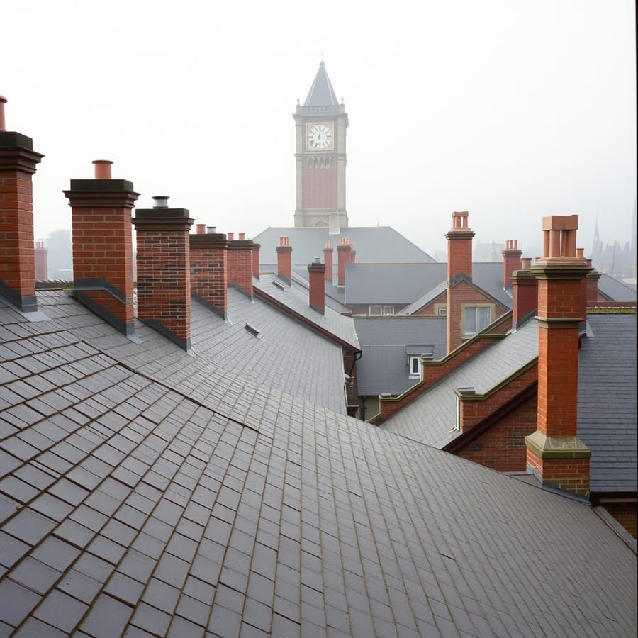 Slate rooftops and red-brick chimneys of a North East market town, with a clock tower in the mist